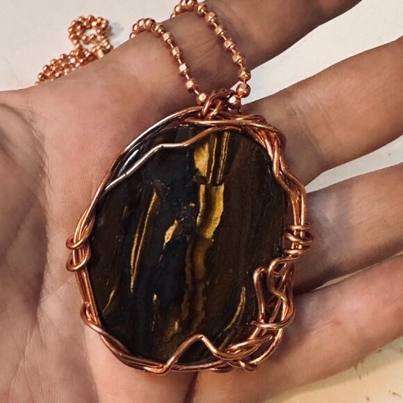 Tigers Eye Pendant Necklace Solid Pure Copper Chain Unisex Handmade Gift Tiger's - Picture 6 of 6